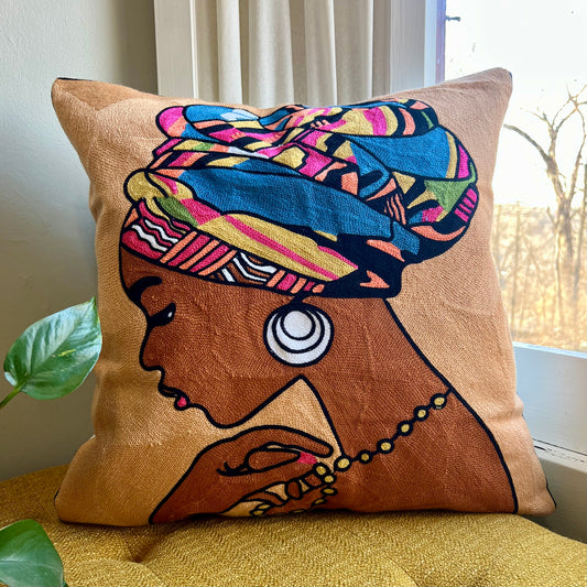 African Queen Embroidered Pillow Cover