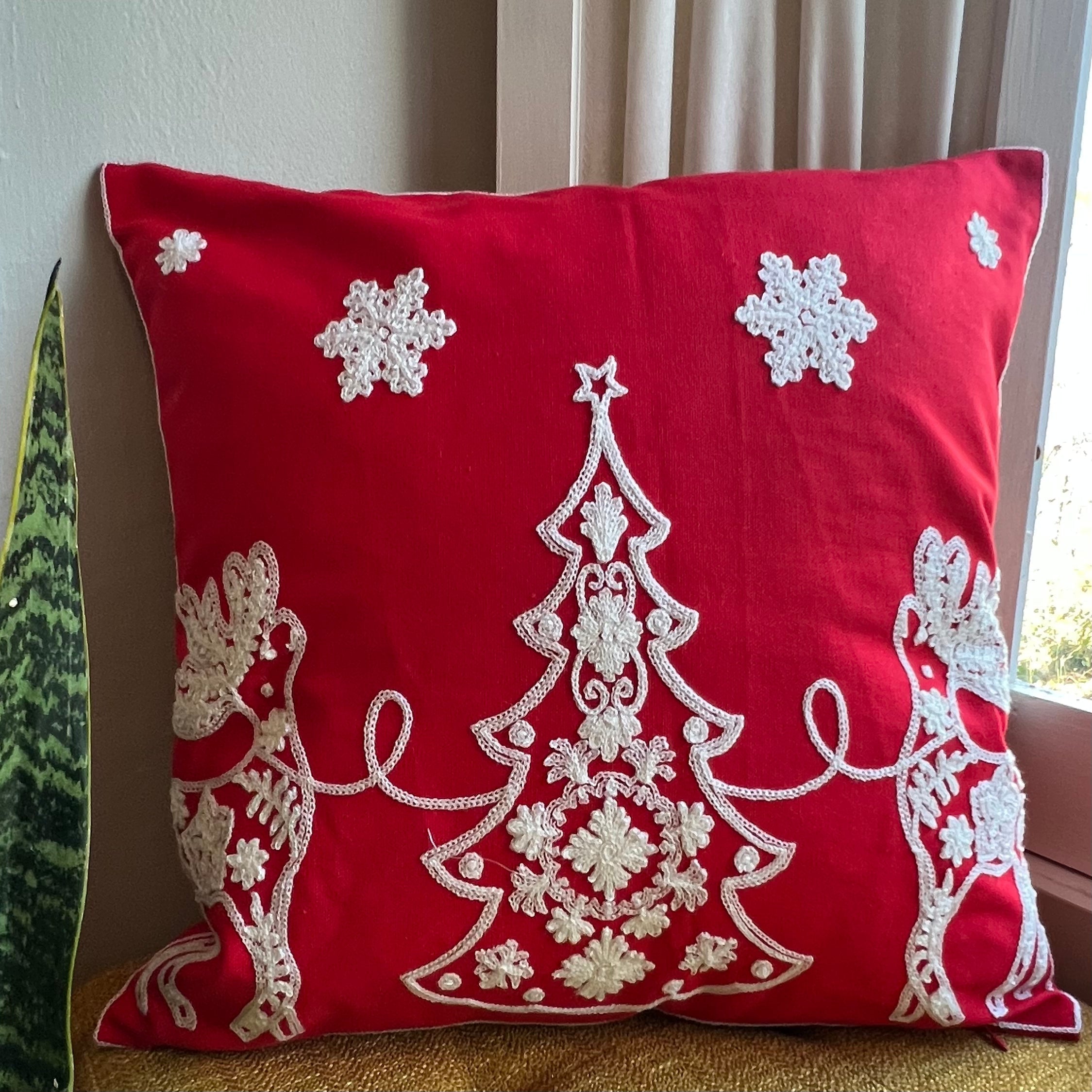 Christmas Tree Embroidered Pillow Cover Quarter Moon Bazaar