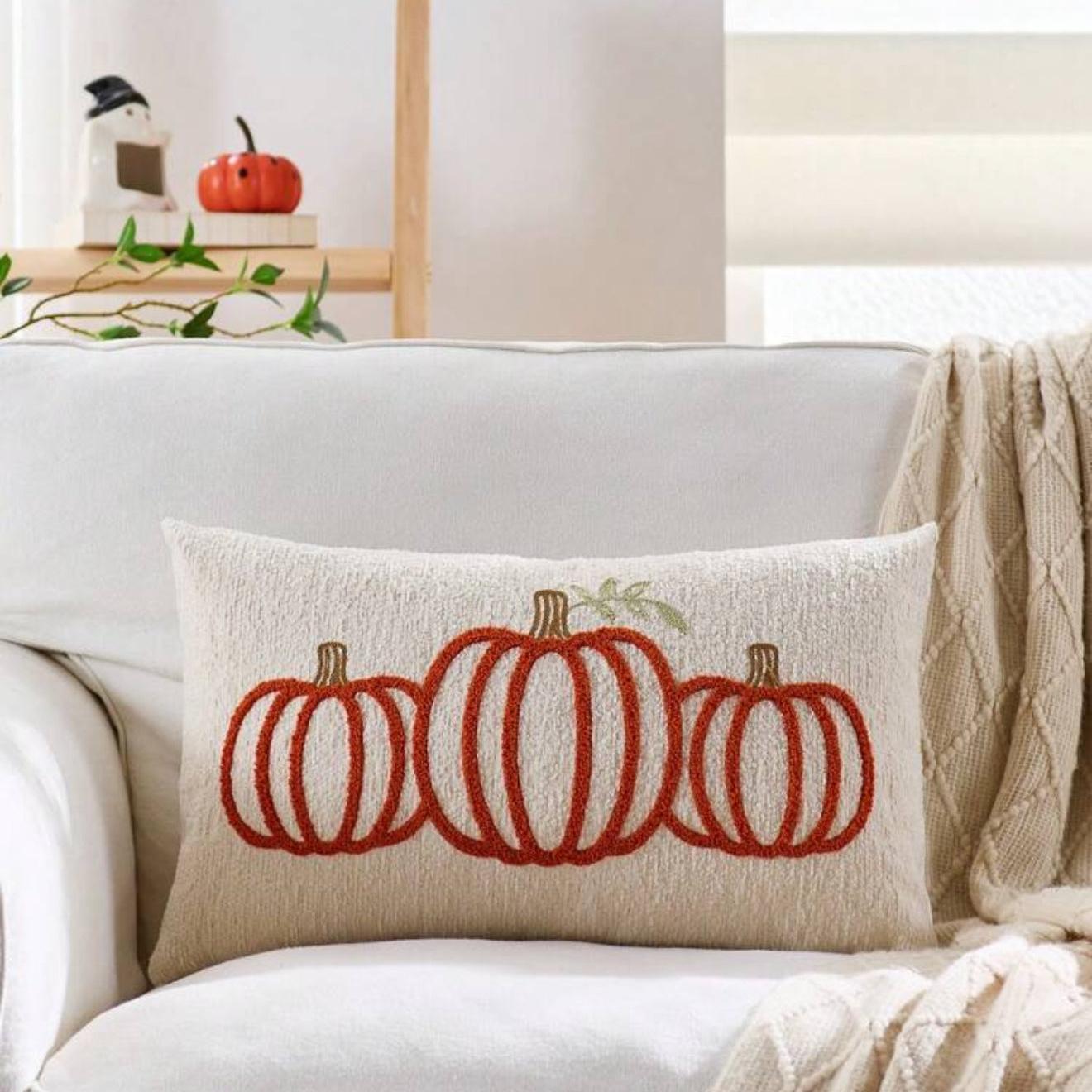 Embroidered Orange Pumpkin Lumbar Pillow