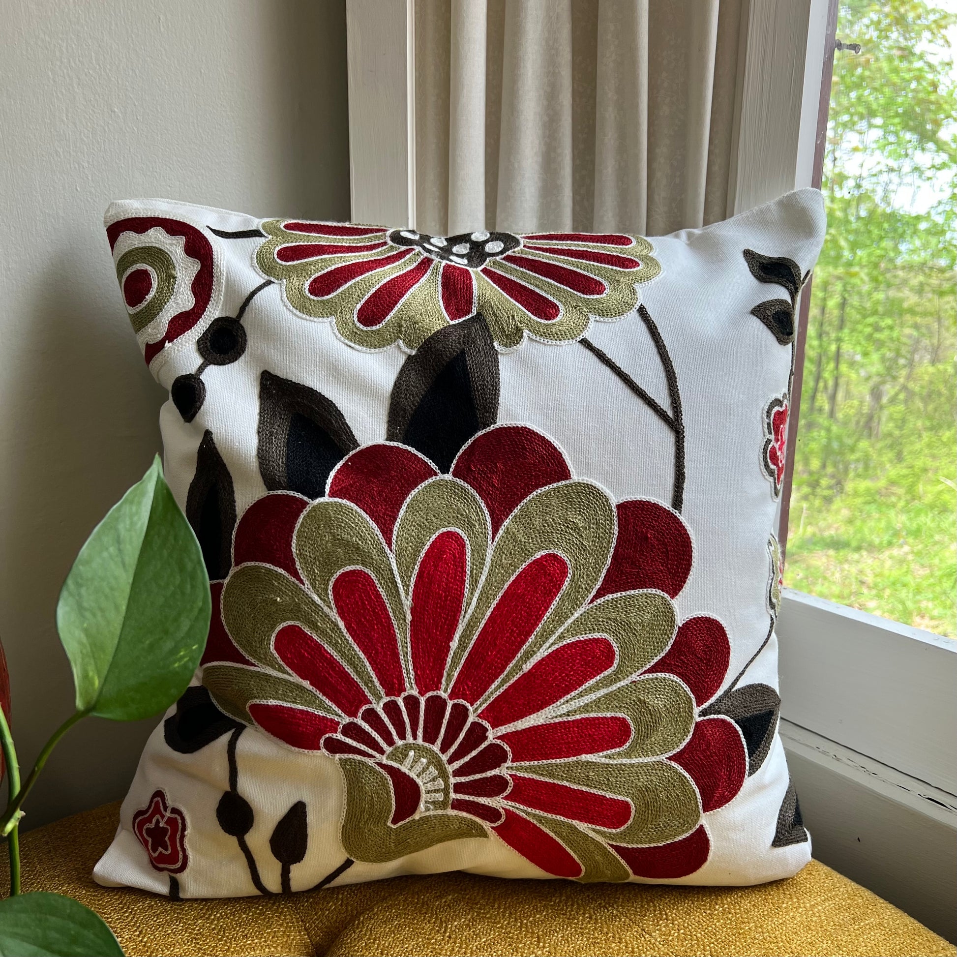 Folk Blooms Embroidered Throw Pillow Cover