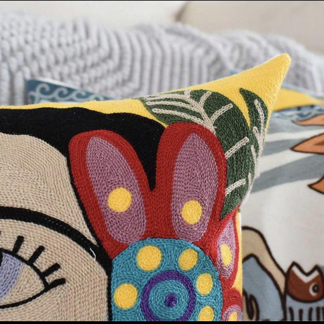 Frida Inspired Flower & Parrot | Embroidered Pillow Cover