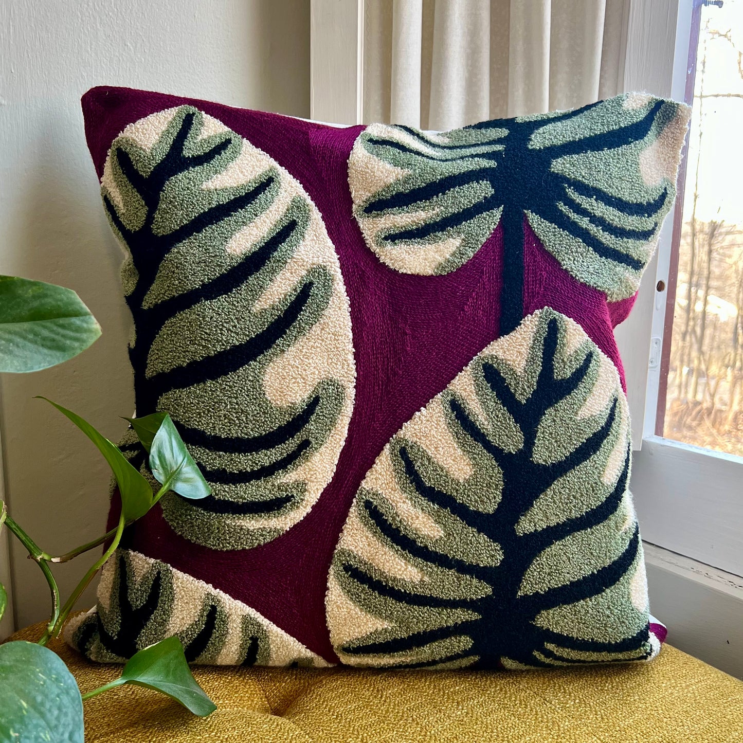 Magenta Monstera Embroidered Pillow Cover