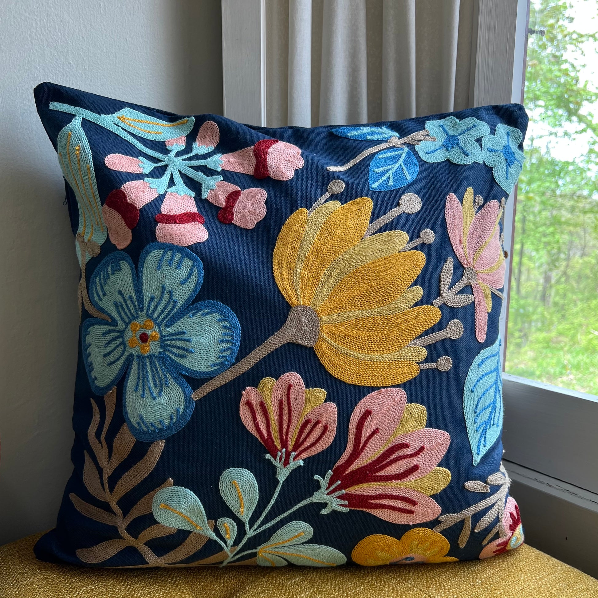 Midnight Gardens Embroidered Throw Pillow Cover