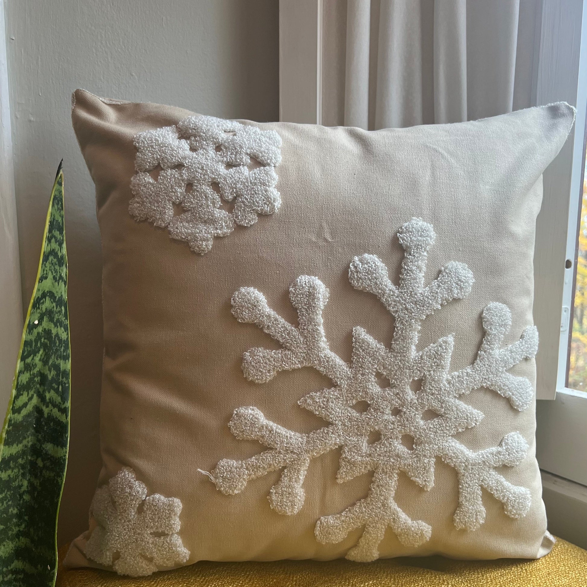 Neutral Snowflake Embroidered Pillow Cover