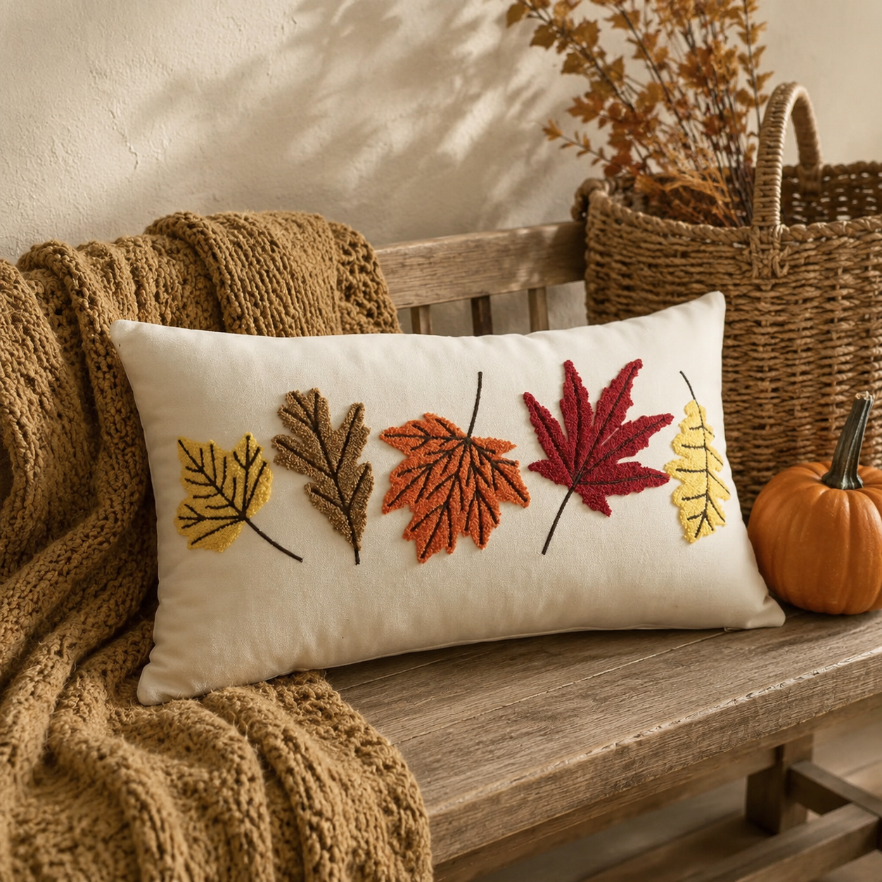 PRE ORDER | Tufted Fall Leaves Lumbar Pillow Cover