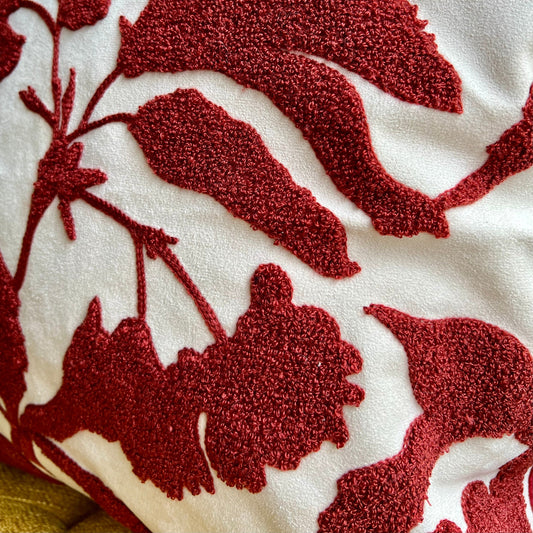 Red and White Floral Embroidered Pillow Cover