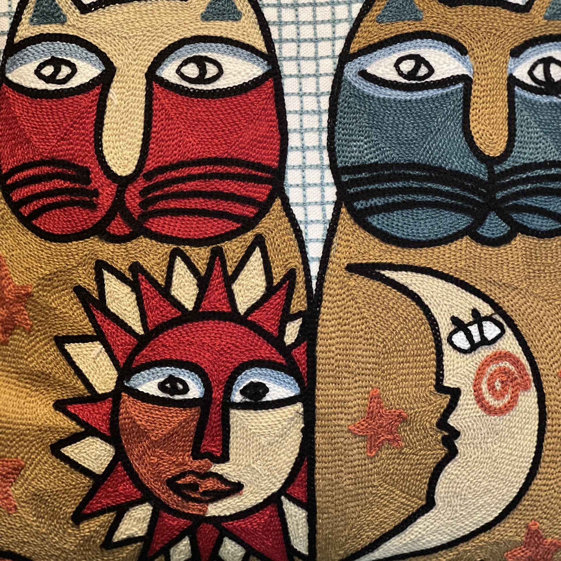 Sun & Moon Abstract Cats Embroidered Pillow Cover