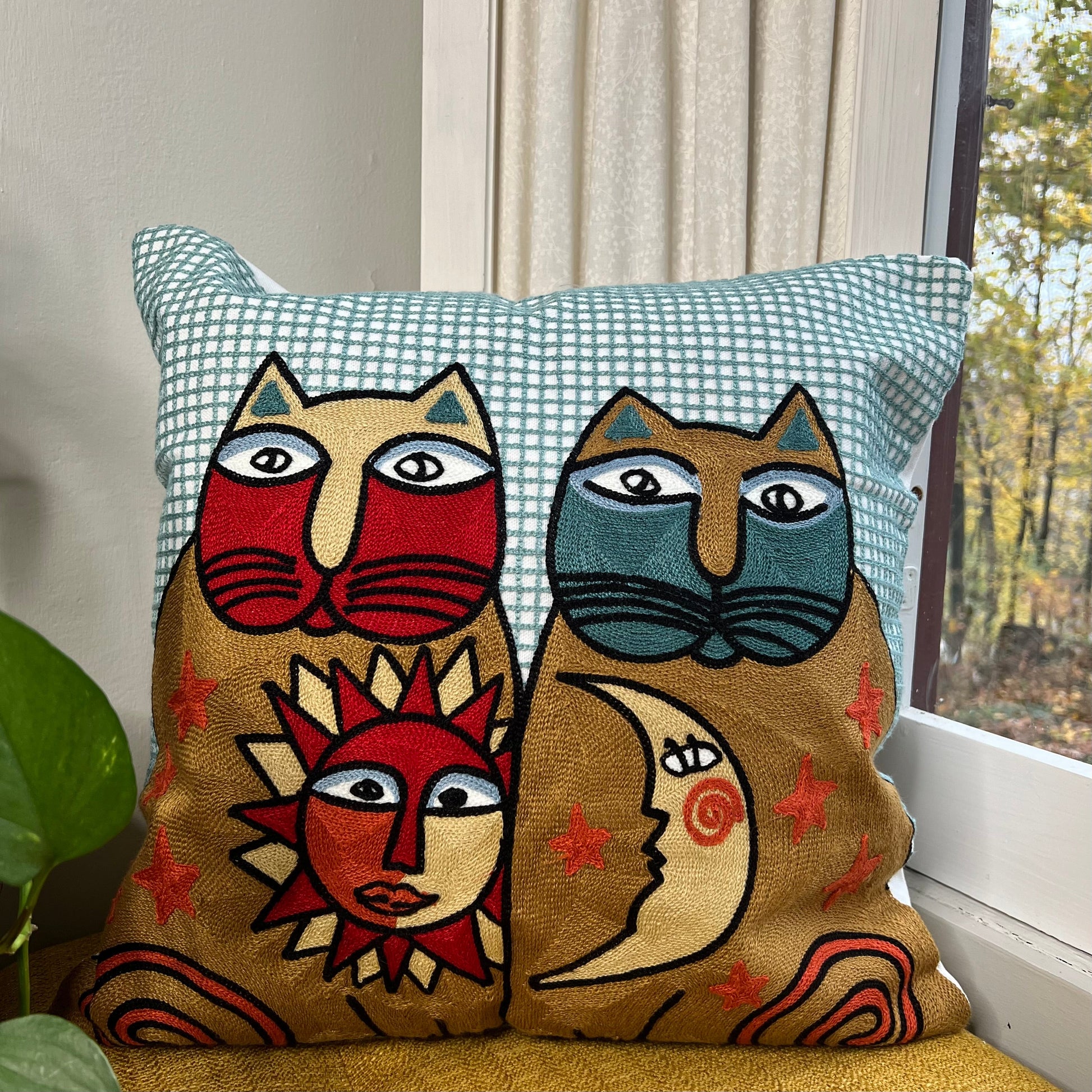 Sun & Moon Abstract Cats Embroidered Pillow Cover