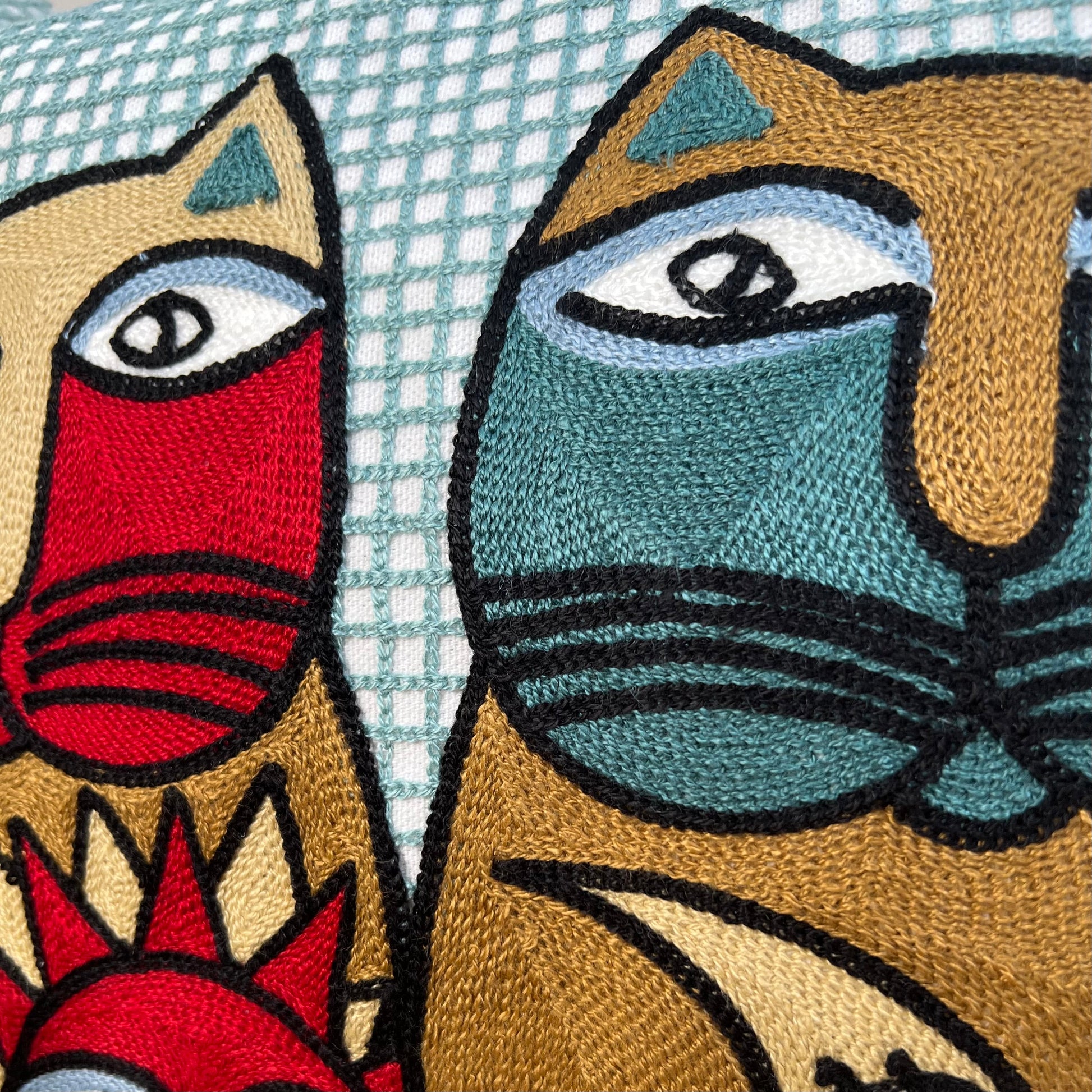 Sun & Moon Abstract Cats Embroidered Pillow Cover