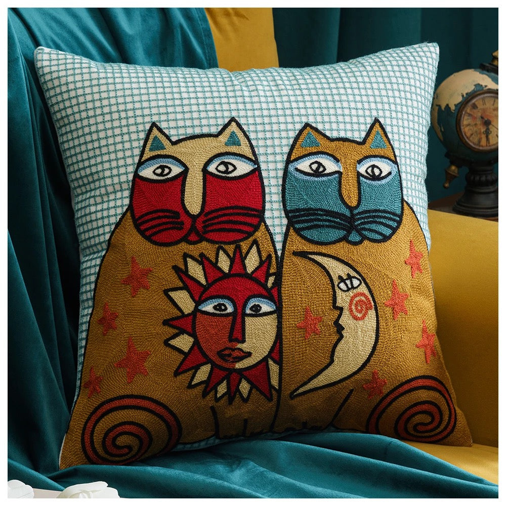 Sun & Moon Abstract Cats Embroidered Pillow Cover