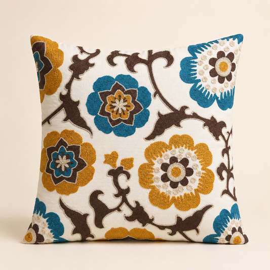 Teal & Mustard Suzani Floral Embroidered Pillow Cover