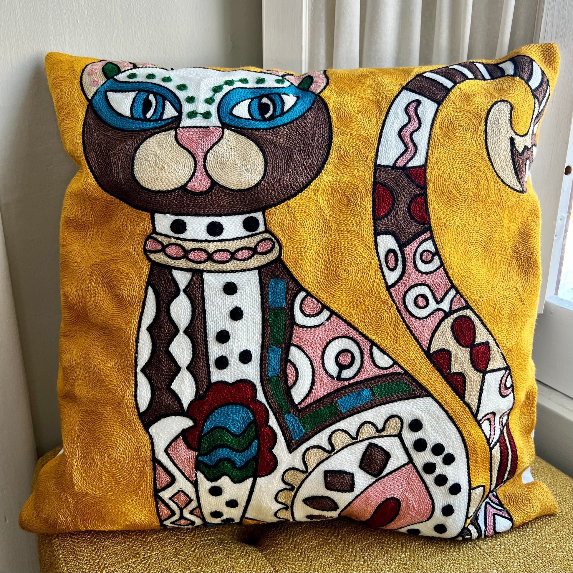 Gold Abstract Art Inspired Cat | Embroidered Pillow Cover
