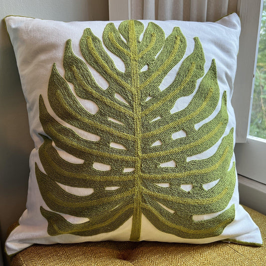 Green Monstera Leaf | Embroidered Pillow Cover