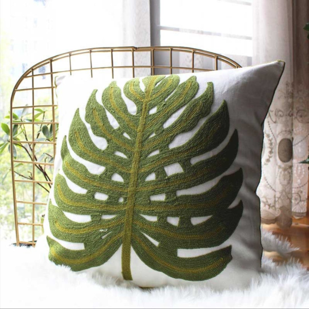 monstera plant pillow Green Monstera Leaf Embroidered Cushion | Boho Decor