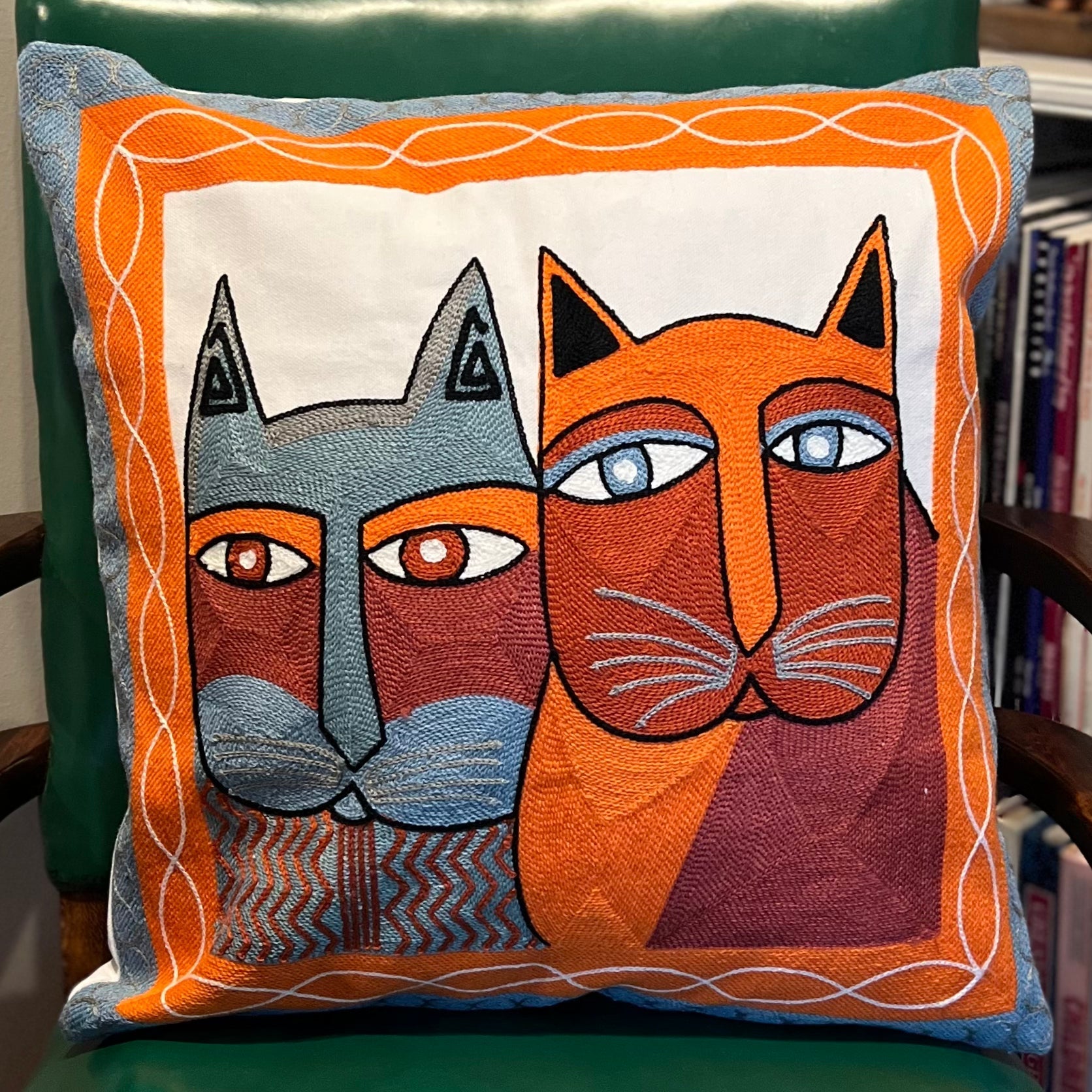 Orange & Blue Abstract Cats Embroidered Pillow Cover