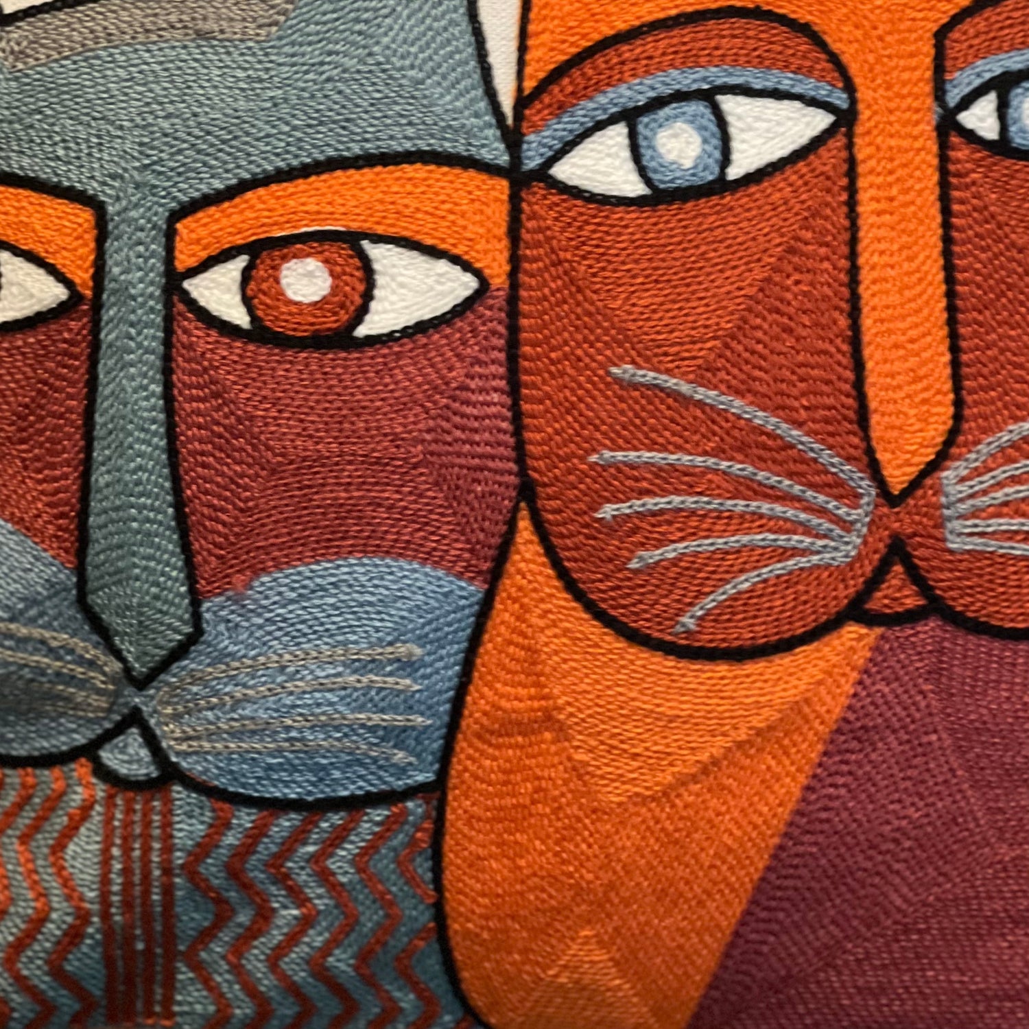 Orange & Blue Abstract Cats | Embroidered Pillow Cover