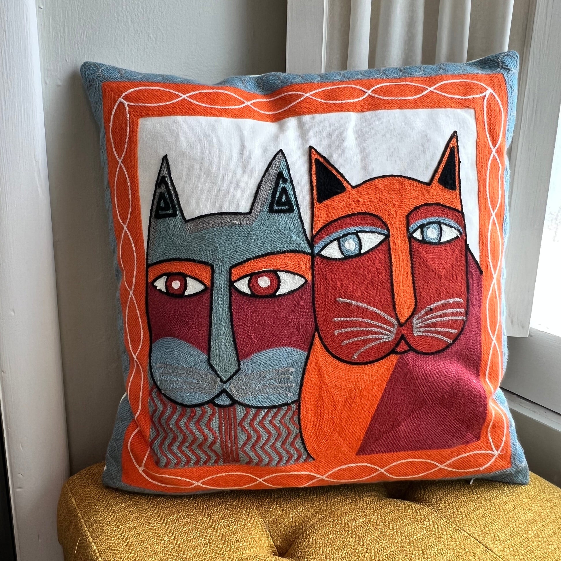 Orange & Blue Abstract Cats Embroidered Pillow Cover