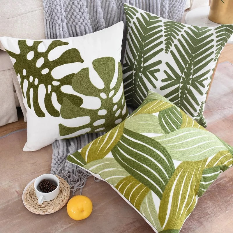 Two Toned Monstera Embroidered Pillow Cover