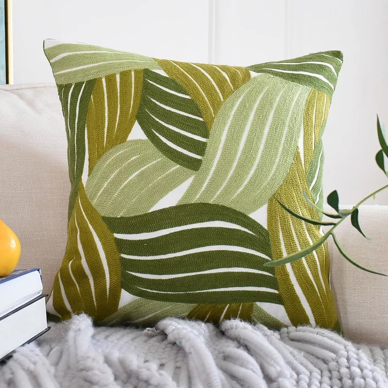 Waves of Green Embroidered Pillow Cover