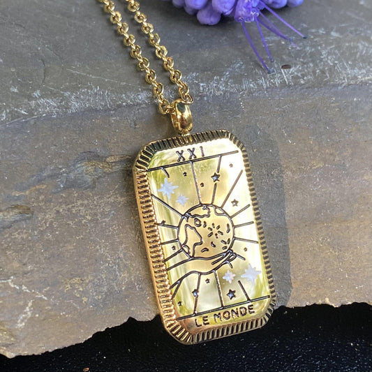 World Tarot Card Gold Necklace