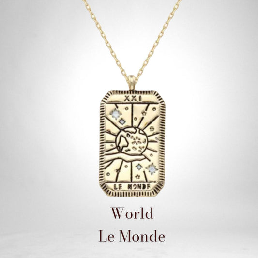 World Tarot Card Gold Necklace