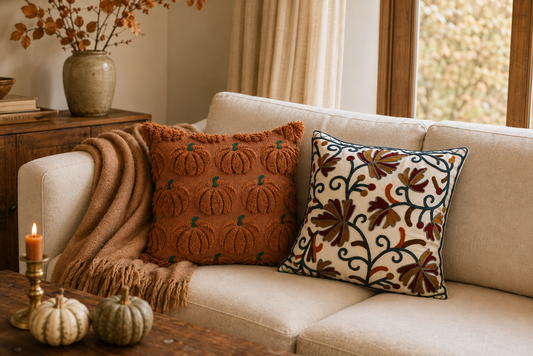 Tufted pumpkin and embroidered fall leaves pillow covers styled with a warm throw, natural pumpkins, candle, and autumn branches