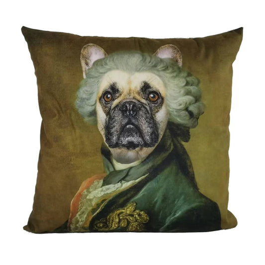 French Bulldog throw pillow featuring a regal 18th-century aristocrat design with an olive green background. Perfect for adding a touch of humor and charm to your home décor. Unique gift for dog lovers or fans of quirky home accessories.