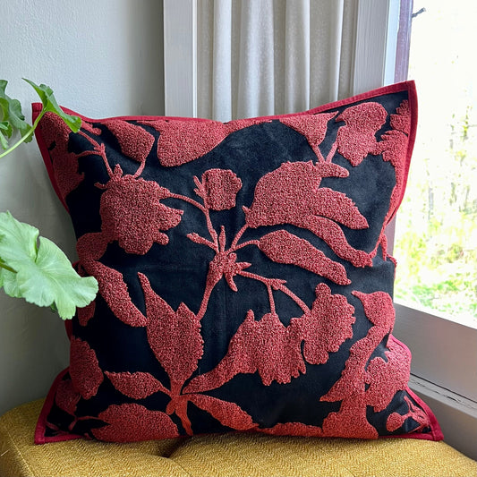 Black and Red Floral Embroidered Pillow Cover