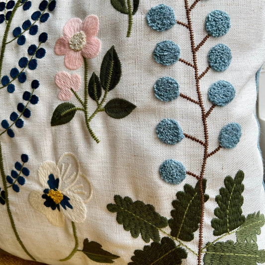 Blue Wildflower Embroidered Pillow Cover