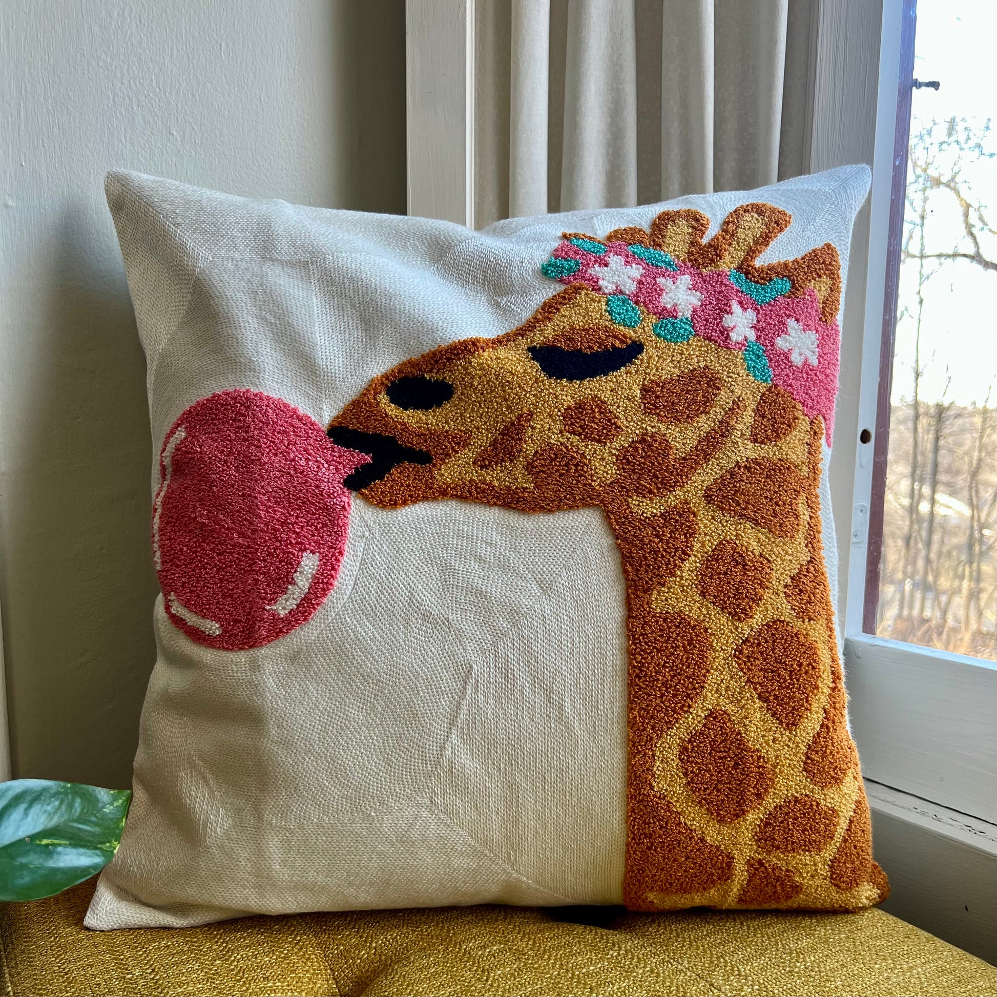 Bubble Gum Giraffe Embroidered Tufted Pillow Cover