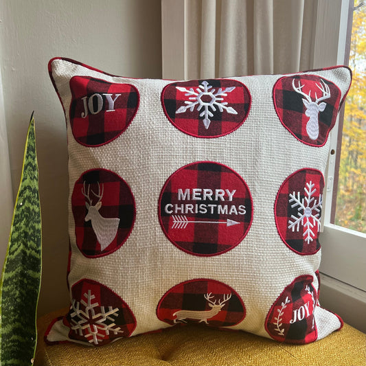 Buffalo Plaid Merry Christmas Embroidered Pillow Cover