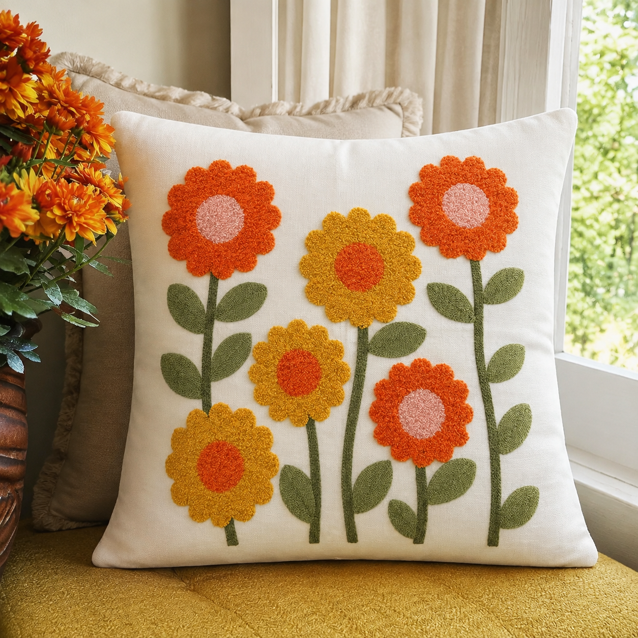 Retro Garden Floral Embroidered Pillow Cover