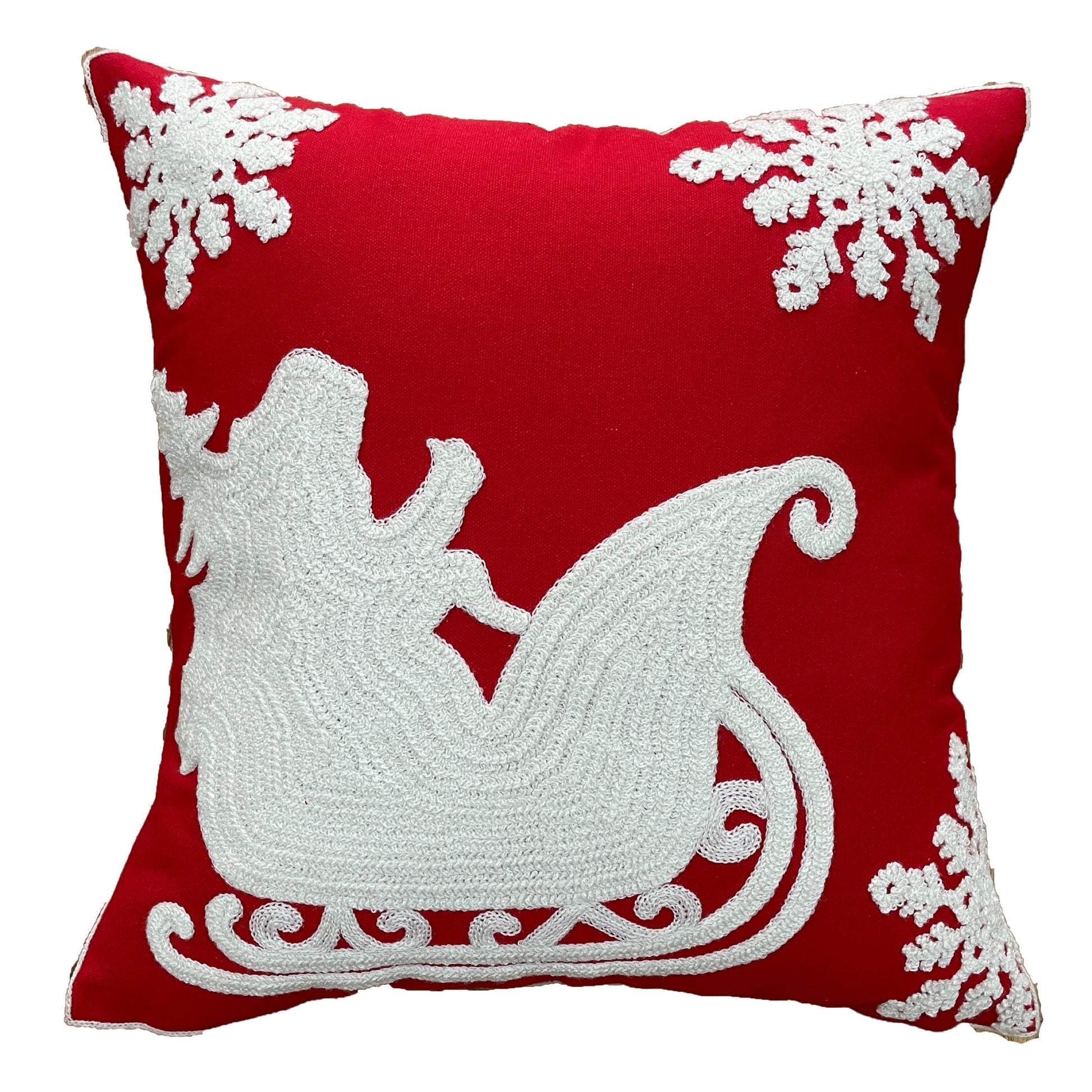 Candy Red Santa’s Sleigh Embroidered Pillow Cover