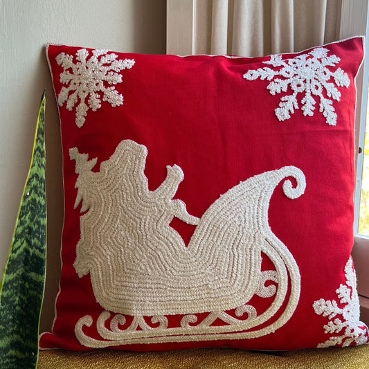 Candy Red Santa’s Sleigh Embroidered Pillow Cover