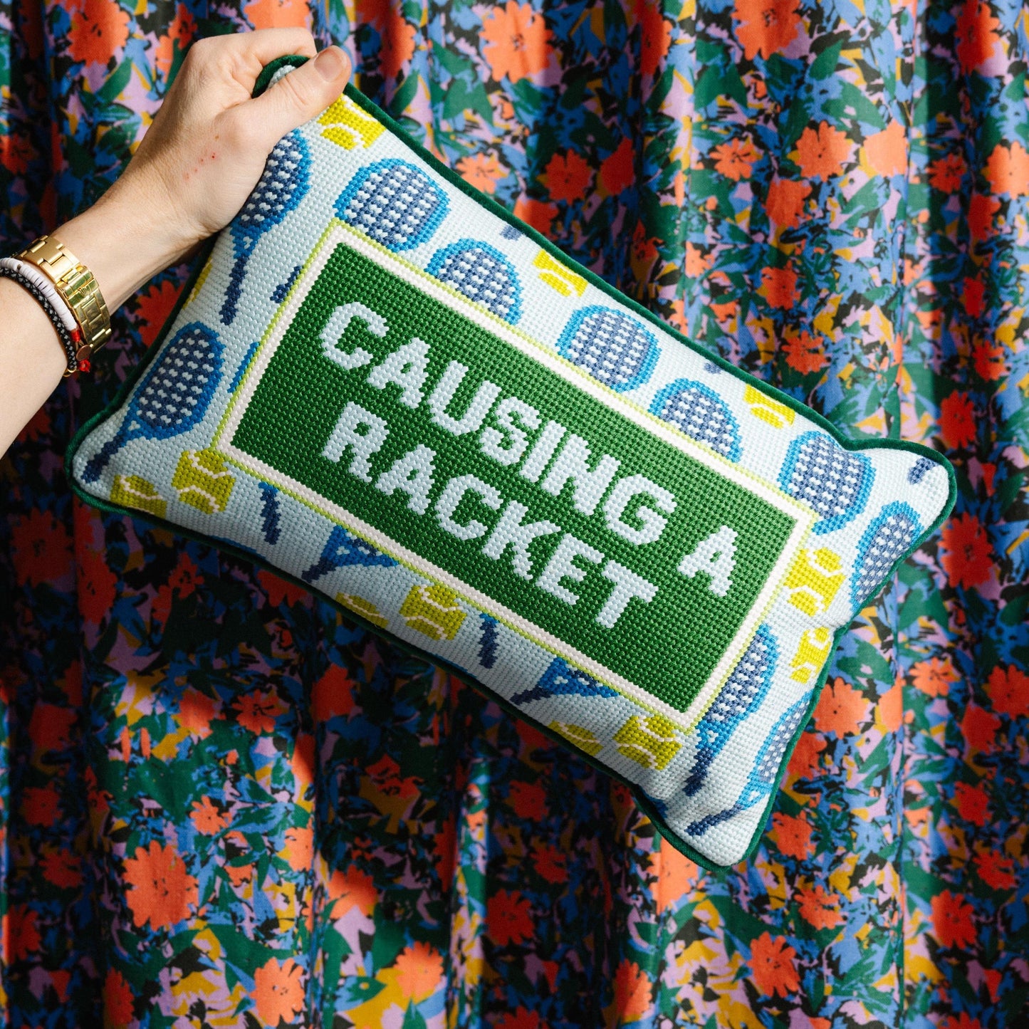 Causing A Racket Needlepoint Pillow