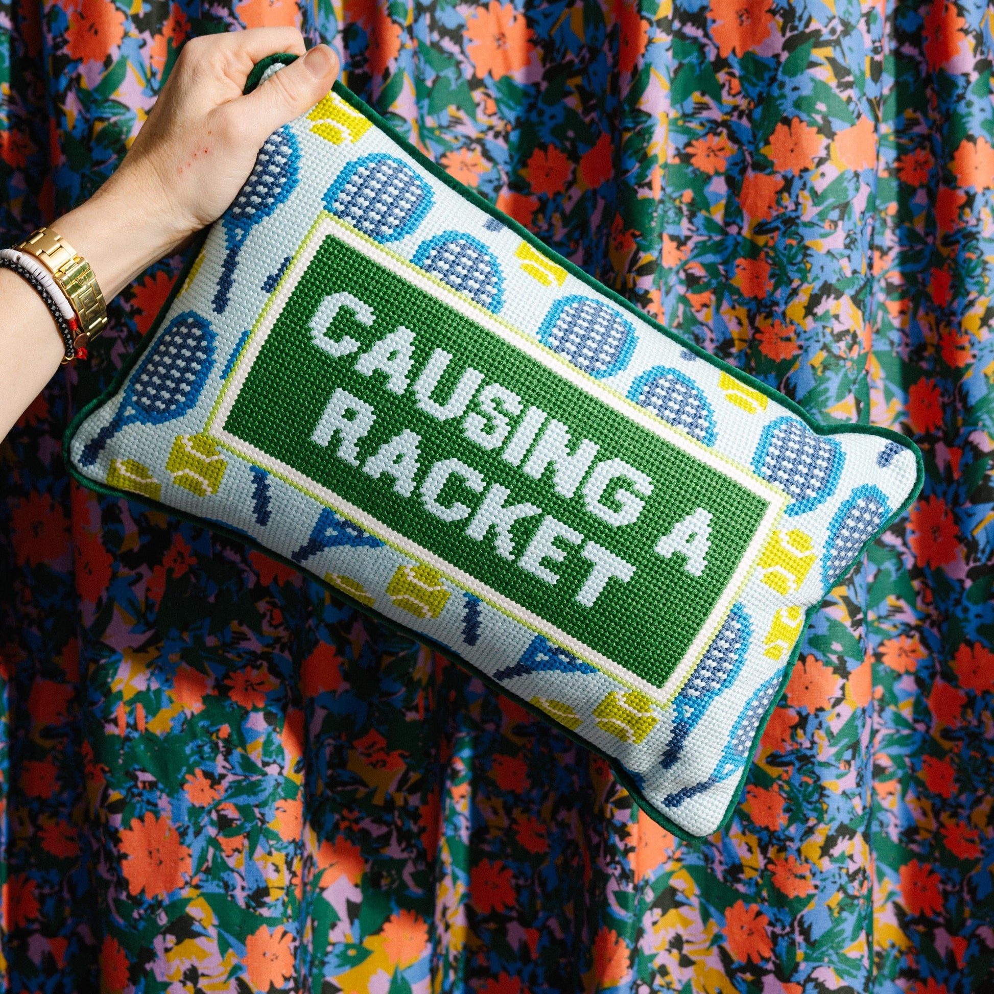 Causing A Racket Needlepoint Pillow