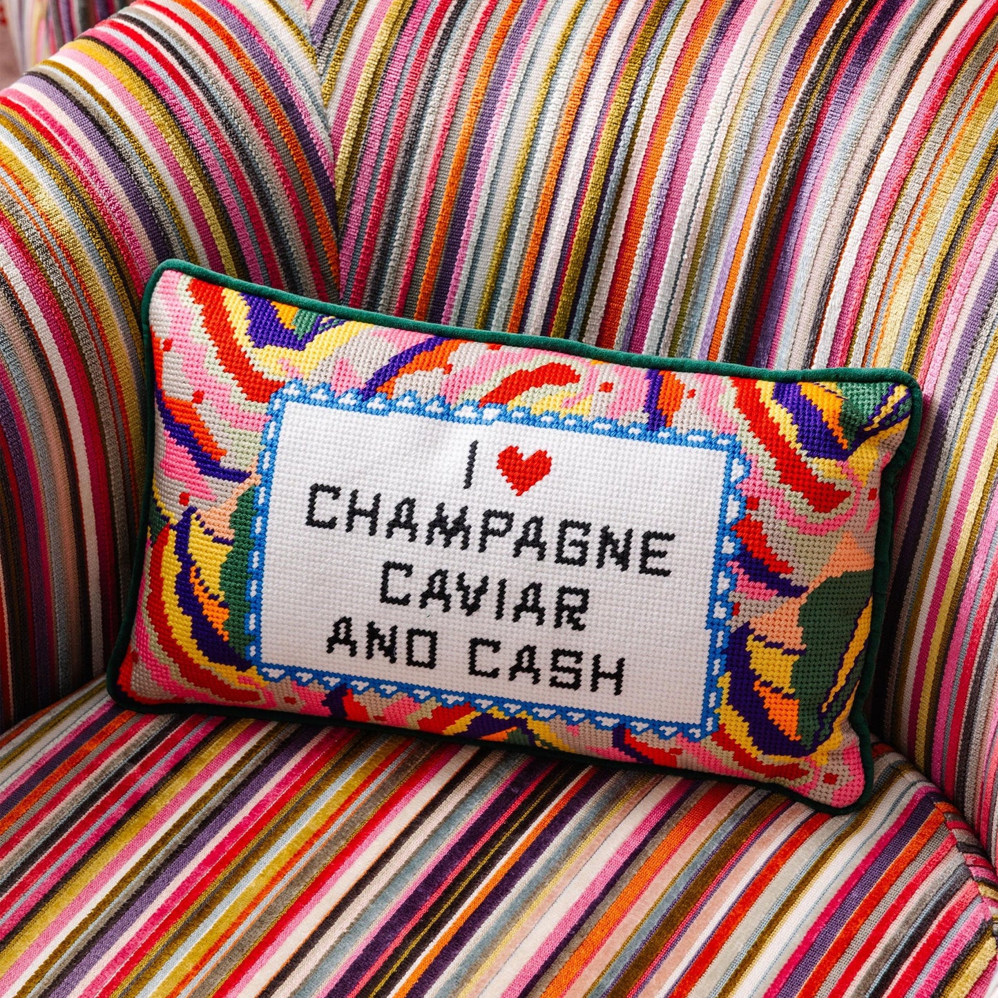 Caviar and Cash Needlepoint Pillow