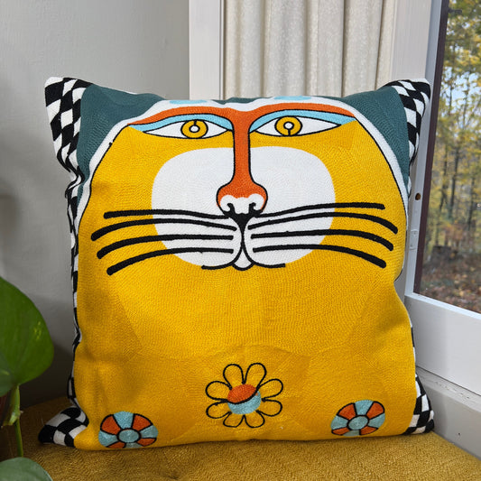 Checkered Taxi Cat Embroidered Pillow Cover