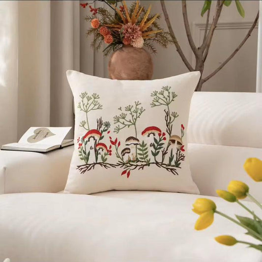 Embroidered Mushroom Pillow Cover