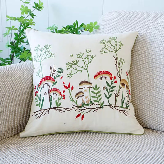 Embroidered Mushroom Pillow Cover
