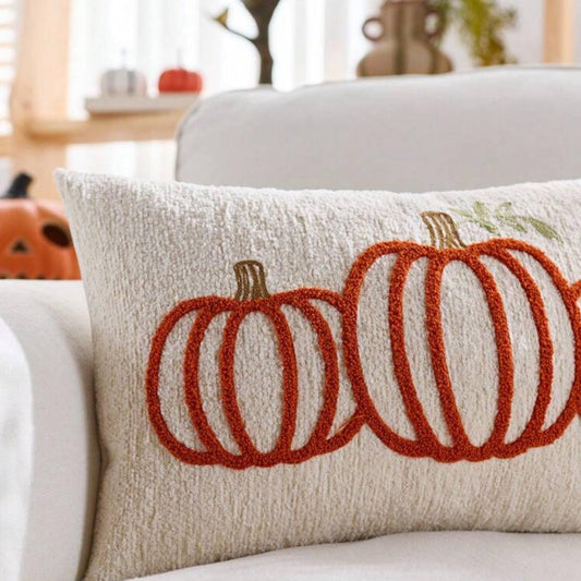 Embroidered Orange Pumpkin Lumbar Pillow Cover