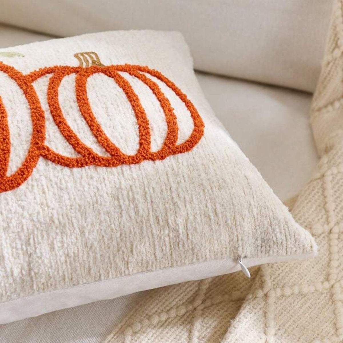 Embroidered Orange Pumpkin Lumbar Pillow Cover