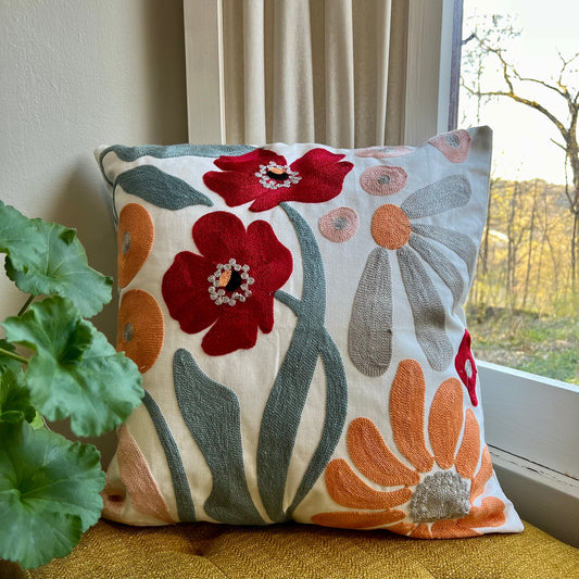 Floral Watercolor Embroidered Throw Pillow Cover