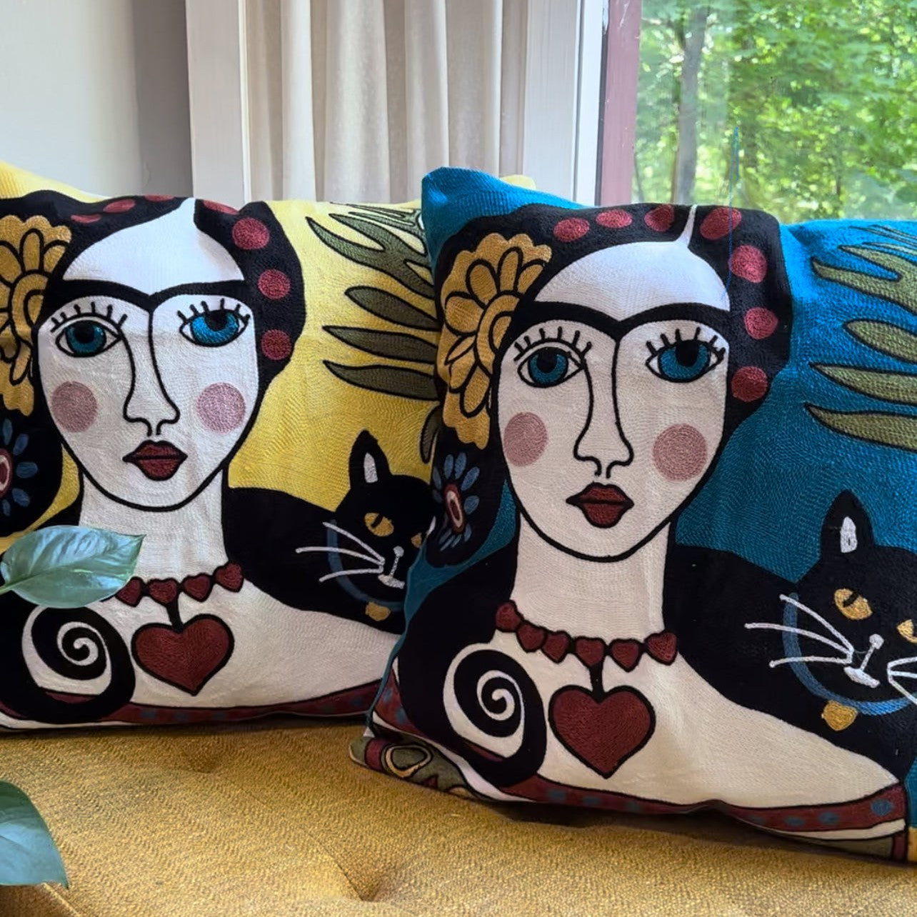 Frida & Cat Embroidered Pillow Covers