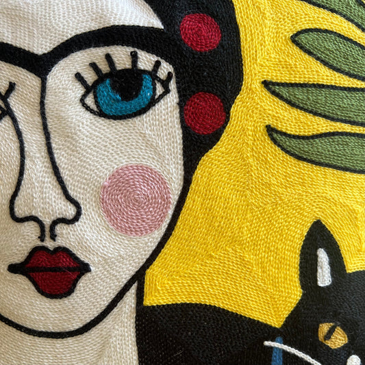 Frida & Cat Yellow Embroidered Pillow Cover