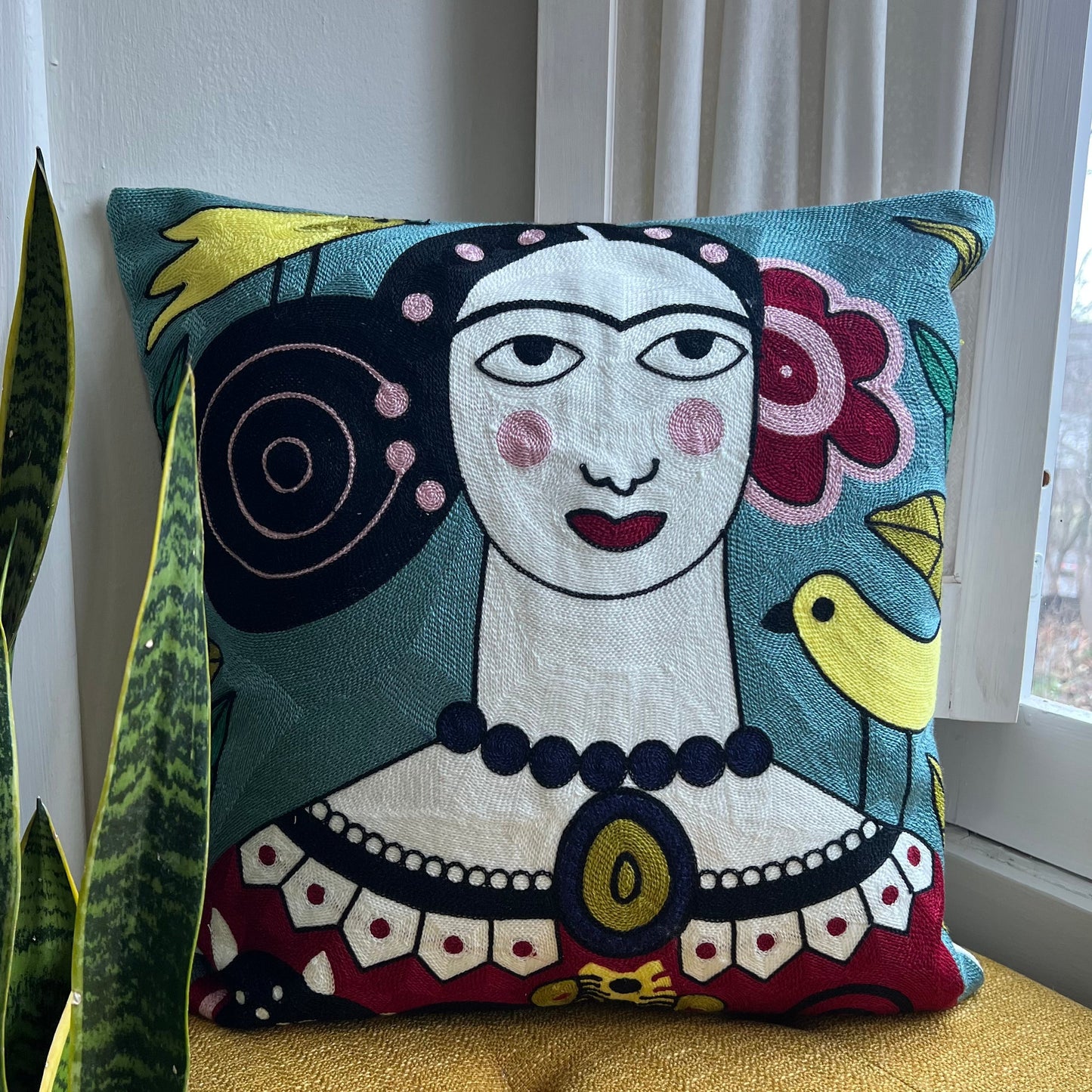 Frida Inspired Self Portrait with Canary Embroidered Throw Pillow Cover