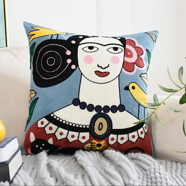 Frida Kahlo Embroidered Cushion Pillow Cover Quarter Moon Bazaar