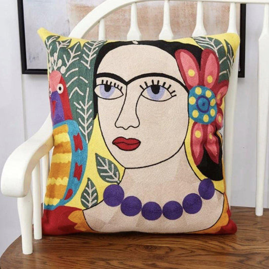 Frida Kahlo Flower & Parrot | Embroidered Pillow Cover