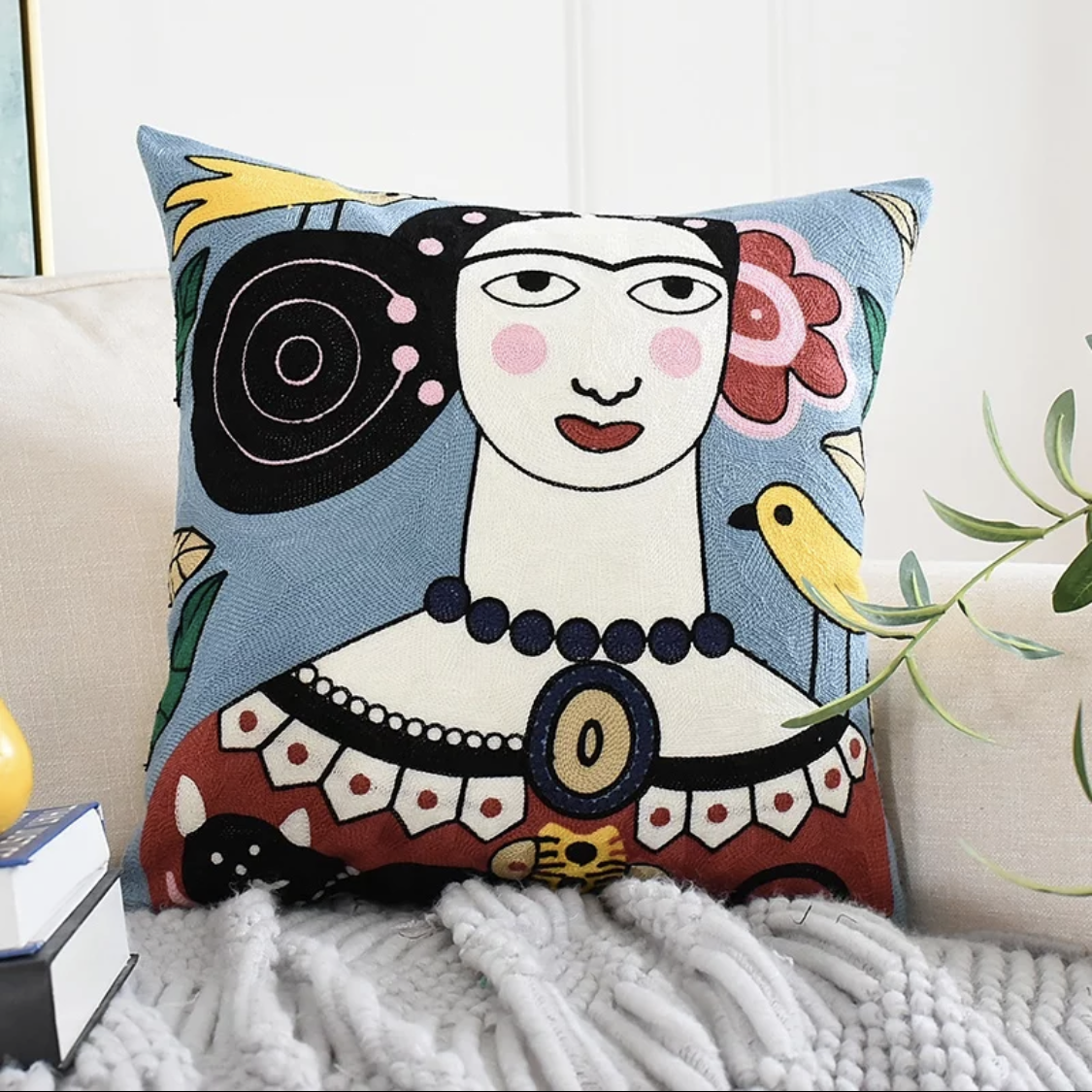 Frida Kahlo Self Portrait with Canary Embroidered Throw Pillow Cover