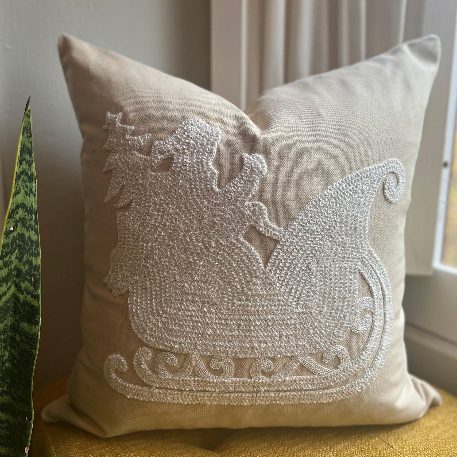 Greige Santa’s Sleigh Embroidered Pillow Cover